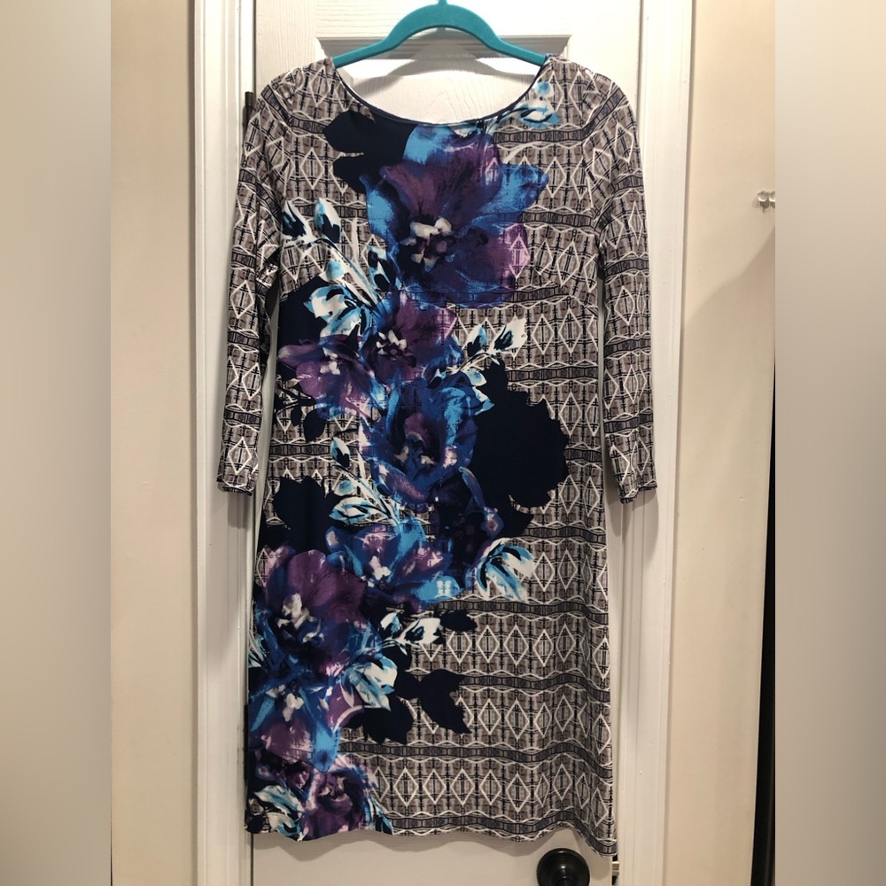 Vince Camuto Navy, Purple & Blue Floral 3/4 Sleeve Shift Dress